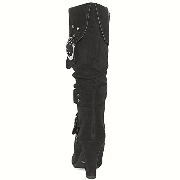 Metallic Studs Edgy Dual Buckles Slouch Knee High Suede Boot w/Silver Hardware - Picture 5 of 8